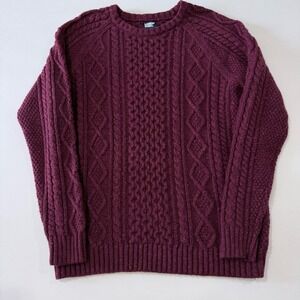 Lands End Mens Burgundy Cable Knit Sweater Long Sleeve Wool Blend L T
